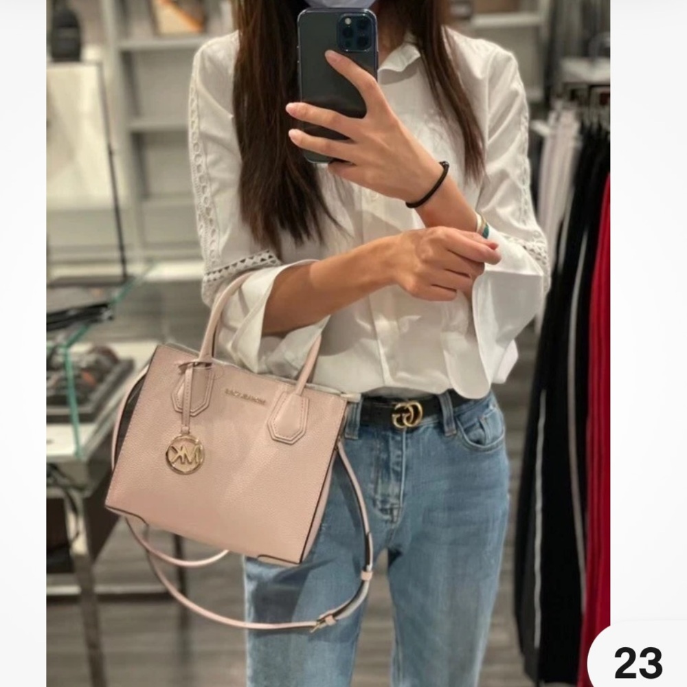 Michael Kors Mercer Medium Pebble Leather Messenger Crossbody Bag Powder Blush - Picture 15 of 15